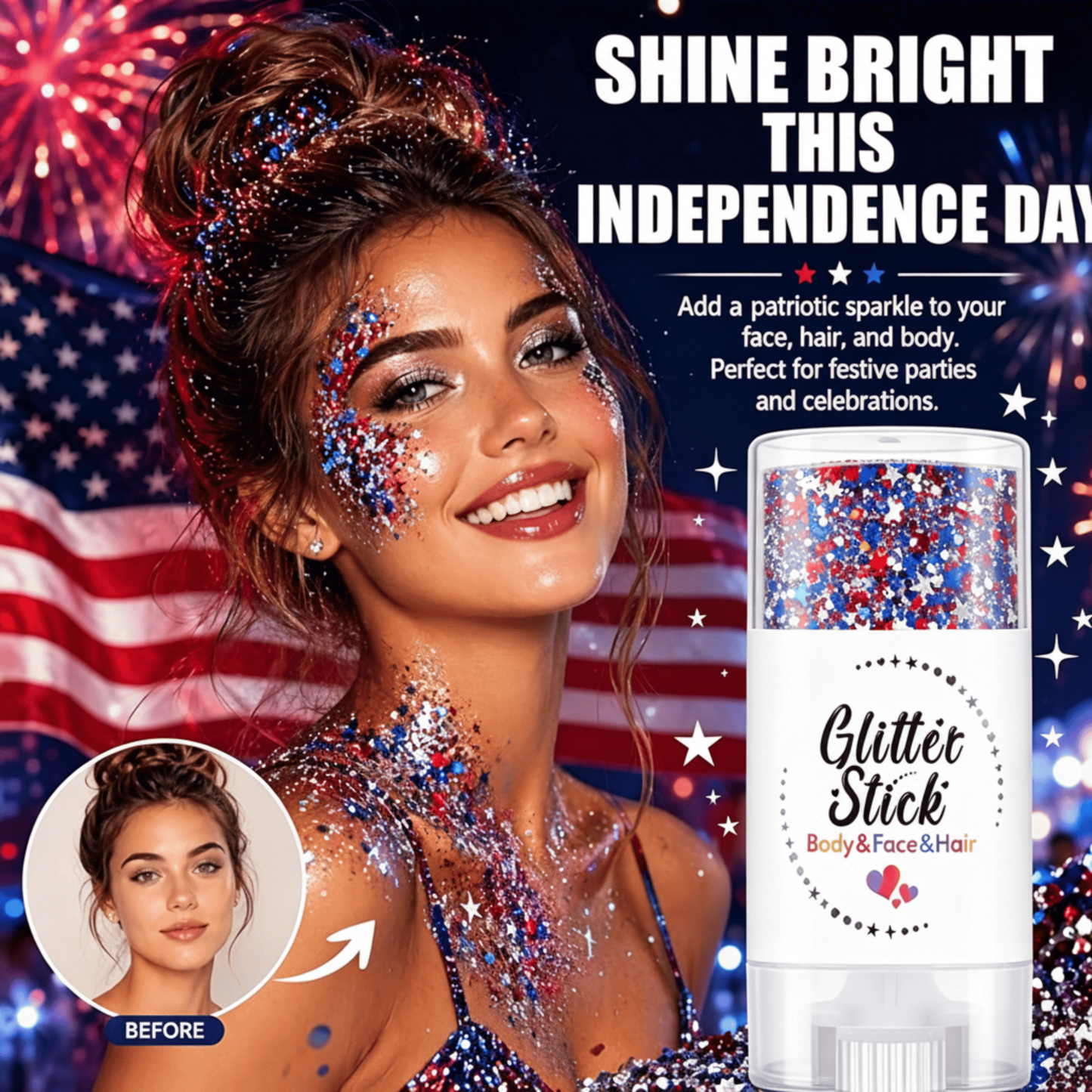 🦅4th of July Glitter Stick✨🔔Red, White & Blue Body & Hair Sparkle