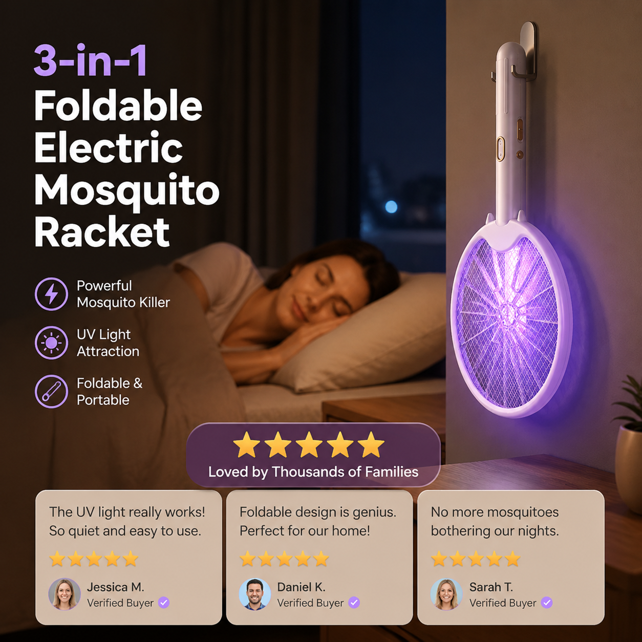 ✨3-in-1 Foldable Electric Mosquito Racket
